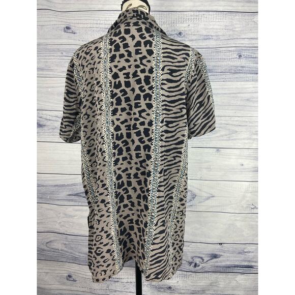 Style Exchange Silk Button Front Shirt Womens M Leopard Print Collared Short Slv - Picture 3 of 11
